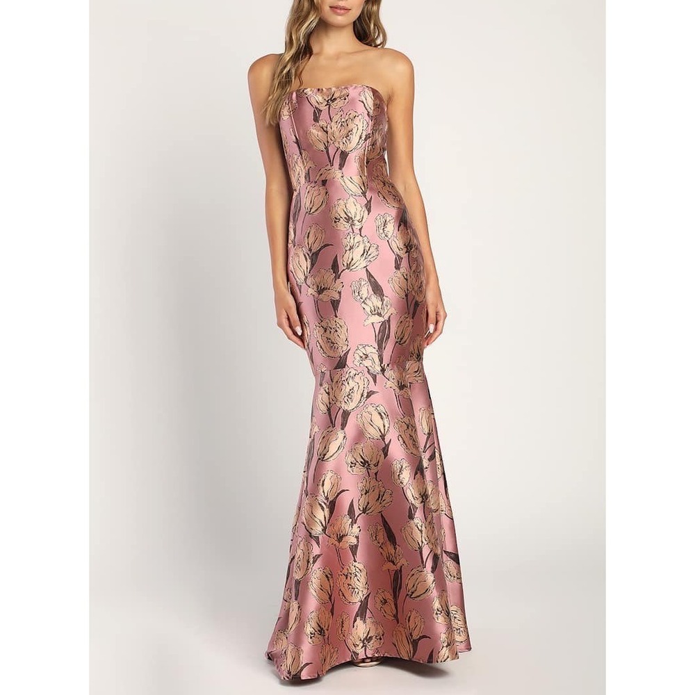 NWT Lulus Gowning Around Mauve Floral Jacquard Strapless Maxi Dress Medium